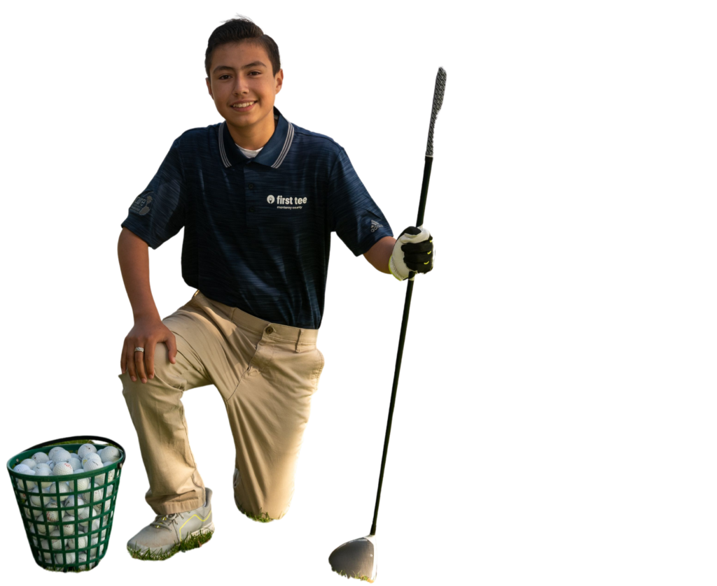 Participant with golf balls & clubs.